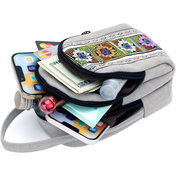 Women's S3 Light Gray Vintage Embroidered Cute Mini Cross Body Bag Small Handbag - Picture 5 of 5